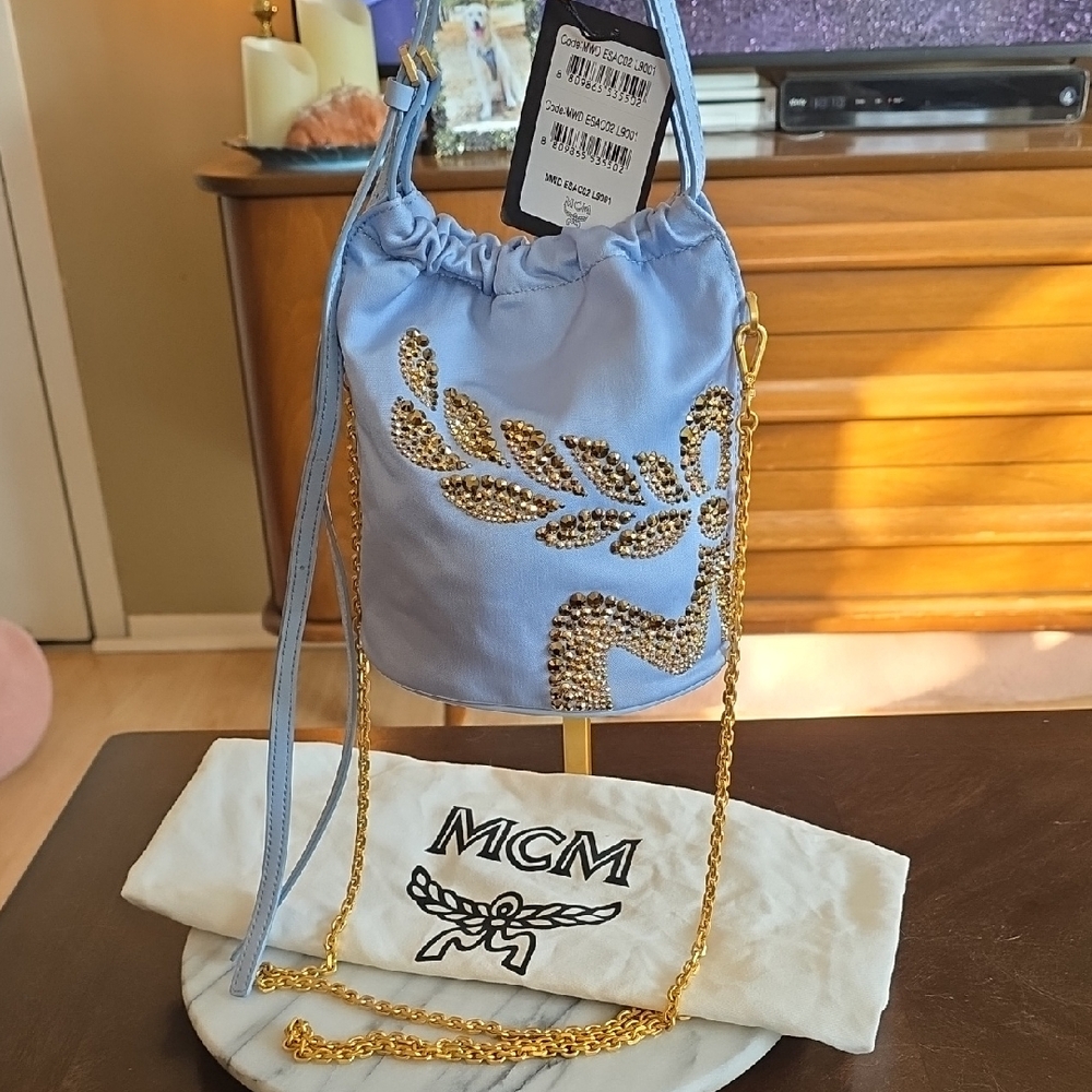 MCM Light Blue Mini Bucket Bag with Gold Sequin Embellishment